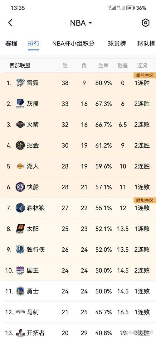 西部nba赛况排名